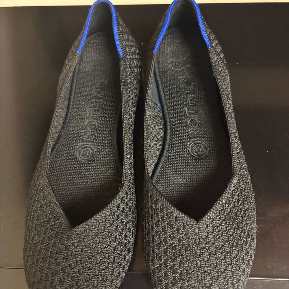 Rothy's Black Knit Slip-On Flats with Blue Trim